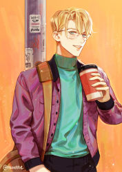 Rule 34 | 1boy, artist name, bag, black legwear, black pants, blonde eyebrows, blonde hair, blue eyes, blue shirt, buttons, coffee, coffee cup, cup, dimitri alexandre blaiddyd, disposable cup, eyebrows, eyelashes, fire emblem, fire emblem: three houses, glasses, jacket, lips, long sleeves, looking at viewer, male focus, munette, nintendo, orange background, pale skin, pants, paper, pole, poster (object), purple jacket, shirt, short hair, shoulder bag, sleeves past elbows, smile, solo, solo focus, standing, sweater, teeth, turtleneck, turtleneck sweater, twitter username, watermark