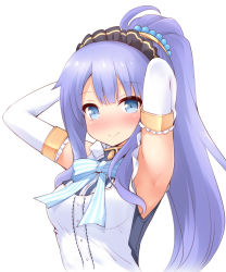 Rule 34 | 1girl, armpits, arms behind head, arms up, bare shoulders, blue bow, blue eyes, blue hair, blush, bow, breasts, closed mouth, dress, elbow gloves, gloves, high ponytail, highres, iris mysteria!, long hair, medium breasts, nose blush, ponytail, priscilla (iris mysteria), simple background, sleeveless, sleeveless dress, smile, solo, striped, striped bow, upper body, very long hair, white background, white dress, white gloves, yuu (yumezakura)