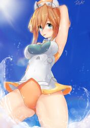 Rule 34 | 1girl, :p, armpits, arms behind head, bare shoulders, blue eyes, blue sky, blush, breasts, breasts apart, covered navel, day, dress, from below, hair between eyes, hair rings, hat, highres, jetkerbal, legs apart, leotard, long hair, looking at viewer, looking down, medium breasts, neptune (series), nurse cap, orange hair, orange heart (neptunia), outdoors, power symbol, skin tight, sky, solo, splashing, sunlight, symbol-shaped pupils, tongue, tongue out, twintails, wading, water, wet, wet clothes, white dress, white leotard
