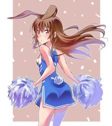 Rule 34 | 1girl, animal ears, brown background, brown eyes, brown hair, cheerleader, clothes writing, iesupa, pom pom (cheerleading), rabbit ears, rabbit girl, rabbit tail, rwby, solo, tail, thighs, velvet scarlatina