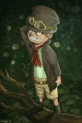 Rule 34 | 1boy, aged down, ascot, belt, blonde hair, child, east blue, goggles, hat, highres, jacket, male focus, missing tooth, one piece, outdoors, sabo (one piece), solo, top hat