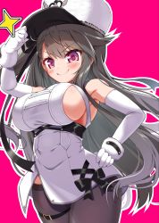 Rule 34 | &gt;:), armpits, azur lane, bare shoulders, blush, breasts, closed mouth, coat, coat dress, cowboy shot, curvy, elbow gloves, from below, fur trim, gloves, grey hair, hair between eyes, hand on own hip, hat tip, highres, large breasts, long hair, mikage (shibi), padded coat, pamiat merkuria (azur lane), pantyhose, purple background, purple eyes, retrofit (azur lane), russian clothes, sideboob, simple background, smile, taut clothes, thigh strap, underbust, v-shaped eyebrows, very long hair, white coat, white headwear