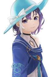 Rule 34 | 1girl, absurdres, blue eyes, bow, character request, closed mouth, hair ornament, hat, hat bow, highres, looking at viewer, mole, mole on shoulder, mole under eye, multicolored hair, purple hair, short hair, simple background, sun hat, tama (tamago), two-tone eyes, two-tone hair, virtual youtuber, white background, white bow, white hair