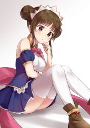 Rule 34 | 1girl, artist request, ass, bare shoulders, blue shirt, blue skirt, blush, boots, bow, bowtie, breasts, brown footwear, brown hair, dargo, detached sleeves, double bun, frilled shirt, frills, hair bun, hand up, head tilt, headdress, knees up, long hair, looking at viewer, medium breasts, miniskirt, parted lips, pink bow, pink bowtie, pink ribbon, princess connect!, puffy short sleeves, puffy sleeves, ribbon, shadow, shirt, short sleeves, sidelocks, simple background, single detached sleeve, sitting, skirt, solo, suzume (princess connect!), thighhighs, white background, white thighhighs