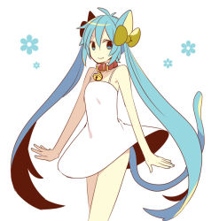 Rule 34 | 1girl, animal ears, aqua eyes, aqua hair, bell, neck bell, cat ears, cat tail, collar, dress, hatsune miku, jingle bell, kemonomimi mode, long hair, simple background, solo, tail, twintails, very long hair, vocaloid, white background, yoshiki