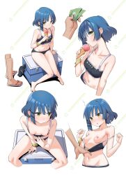 Rule 34 | 1boy, 1girl, :o, banknote, barefoot, bikini, black bikini, blue hair, bocchi the rock!, bracelet, breasts, chen yang yang, commentary, commentary request, disembodied hand, english commentary, food, highres, holding, holding money, ice cream, ice cream cone, jewelry, medium breasts, mixed-language commentary, mole, mole under eye, money, multiple views, navel, nipples, offscreen person, prostitution, short hair, sitting, swimsuit, yamada ryo, yellow eyes
