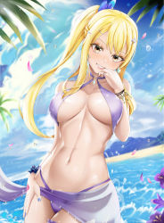 Rule 34 | 1girl, absurdres, akaisu, bikini, blonde hair, blush, breasts, breasts apart, brown eyes, cleavage, collarbone, commentary, day, eyebrows hidden by hair, fairy tail, hair ornament, hairclip, highres, large breasts, long hair, looking at viewer, lucy heartfilia, nail polish, navel, outdoors, ponytail, purple bikini, smile, solo, swimsuit, water