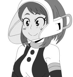 Rule 34 | 10s, 1girl, ^ ^, animated, animated gif, bare shoulders, blush, blush stickers, bodysuit, boku no hero academia, breasts, closed eyes, expressions, flustered, greyscale, hand on own cheek, hand on own face, happy, helmet, lewdamone, medium breasts, monochrome, round teeth, school uniform, simple background, smile, solo, table, teeth, upper body, uraraka ochako, wavy mouth, white background