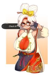 Rule 34 | 1girl, breasts, cleavage, english text, gintm, glasses, hair bun, hair ornament, hair stick, highres, large breasts, looking at viewer, nintendo, pants, purah, red eyes, single hair bun, solo, the legend of zelda, the legend of zelda: tears of the kingdom, tight clothes, tight pants, white background, white hair