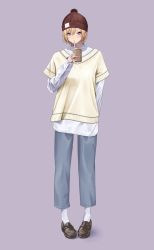 Rule 34 | 1girl, alternate costume, arm behind back, beanie, blonde hair, blush, cup, denim, drinking straw, full body, hat, highres, holding, holding cup, idolmaster, idolmaster shiny colors, jeans, loafers, looking at viewer, mouth hold, out type (outtypeex), pants, purple background, saijo juri, shirt, shoes, short hair, simple background, solo, vest, white shirt, yellow vest