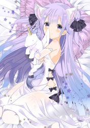 Rule 34 | 1girl, animal ears, azur lane, bed sheet, cat ears, commentary request, detached sleeves, hugging doll, dress, hair ribbon, highres, kemonomimi mode, long hair, looking at viewer, lying, moo (umineko), hugging object, off-shoulder dress, off shoulder, purple eyes, purple hair, ribbon, see-through, smile, solo, stuffed animal, stuffed toy, stuffed unicorn, stuffed winged unicorn, thighhighs, unicorn (azur lane), white dress, white thighhighs