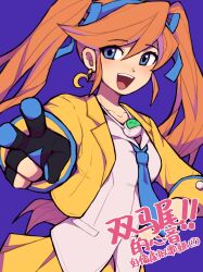 Rule 34 | 1girl, :d, absurdres, ace attorney, alternate hairstyle, athena cykes, black gloves, blue background, blue eyes, blue hairband, blue ribbon, blush, collared shirt, crescent, crescent earrings, cropped jacket, earrings, gloves, hair ribbon, hairband, highres, jacket, jewelry, lapels, long hair, looking at viewer, necklace, open clothes, open collar, open jacket, open mouth, orange hair, partially fingerless gloves, ribbon, shirt, sidelocks, simple background, single glove, skirt, sleeve cuffs, sleeves past elbows, smile, solo, swept bangs, twintails, untucked shirt, upper body, v, very long hair, white shirt, yellow jacket, yellow skirt, yezhi (48693232)