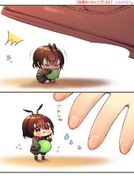 Rule 34 | 1girl, ant, antennae, black pants, black sleeves, brown eyes, brown footwear, brown hair, bug, chibi, commentary, commission, dot nose, flying sweatdrops, full body, green footwear, hair between eyes, harumina mau, highres, holding, insect, kneeling, legs apart, long sleeves, looking up, multicolored eyes, hugging object, open mouth, orange eyes, original, pants, personification, puffy cheeks, scared, shaking, shoes, simple background, skeb commission, solo, standing, symbol-only commentary, translation request, white background