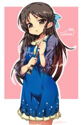 Rule 34 | 1girl, blue dress, bow, brown eyes, brown hair, commentary request, dress, flute, hair bow, half updo, highres, holding, holding flute, holding instrument, idolmaster, idolmaster cinderella girls, instrument, kugimiya atsuki, long hair, looking at viewer, recorder, simple background, solo, tachibana arisu
