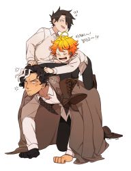 Rule 34 | 1girl, 2boys, ahoge, angry, beard, black eyes, black gloves, black hair, black pants, blush, boots, brown coat, brown footwear, checkered clothes, checkered vest, closed eyes, closed mouth, coat, collar, collarbone, collared shirt, commentary request, emma (yakusoku no neverland), facial hair, full body, gloves, hair over one eye, highres, holding, holding another&#039;s arm, holding own hair, hq khetc, long sleeves, looking at another, looking away, multicolored hair, multiple boys, open clothes, open mouth, orange hair, pants, ray (yakusoku no neverland), shirt, shoelaces, shoes, short hair, simple background, single glove, sitting, sitting on person, smile, teeth, translation request, two-tone hair, vest, white background, white hair, white shirt, yakusoku no neverland, yuugo (yakusoku no neverland)