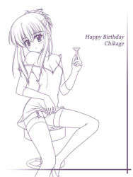 Rule 34 | 00s, 1girl, alcohol, breasts, chair, character name, chemise, chikage (sister princess), cleavage, garter straps, glass, gloves, happy birthday, lace, leaning back, lineart, lingerie, long hair, masakichi (crossroad), monochrome, off shoulder, on chair, panties, simple background, sister princess, sitting, small breasts, solo, strap slip, tavern, underwear, white background