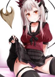 Rule 34 | 1girl, nanashi inc., :q, beret, black gloves, black ribbon, black skirt, black thighhighs, blunt bangs, blush, breasts, choker, cleavage, clothes lift, collarbone, cowboy shot, demon girl, demon horns, demon tail, earrings, fingerless gloves, frills, fuyuno taka, gloves, gradient hair, grey hair, hat, hat ribbon, heart, heart earrings, highres, honey strap, horns, jewelry, large breasts, leg strap, licking lips, lifting own clothes, light blush, long hair, looking at viewer, multicolored hair, naughty face, official alternate costume, orange eyes, panties, pink hair, pleated skirt, pointy ears, puffy short sleeves, puffy sleeves, purple panties, ribbon, shiny skin, short sleeves, sidelocks, sitting, skirt, skirt lift, solo, streaked hair, suou patra, tail, thigh strap, thighhighs, tongue, tongue out, underwear, virtual youtuber
