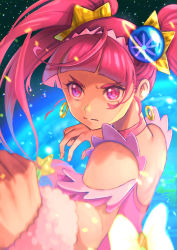Rule 34 | 1girl, ahoge, back bow, back cutout, bare shoulders, blunt bangs, bow, choker, clenched hand, clothing cutout, commentary request, cure star, dress, earrings, earth (planet), fighting stance, floating hair, foreshortening, hair ornament, hairband, hoop earrings, hoshina hikaru, jewelry, jj (ssspulse), long hair, magical girl, orbit, pink choker, pink dress, pink eyes, pink hair, planet, planet hair ornament, precure, serious, solo, space, star (sky), star (symbol), star hair ornament, star twinkle precure, twintails, v-shaped eyebrows, wrist cuffs