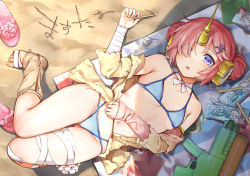 Rule 34 | 1girl, bandaged arm, bandaged leg, bandages, bare shoulders, beach towel, bikini, blue bikini, blue eyes, breasts, day, double bun, fate/grand order, fate (series), feet, frankenstein&#039;s monster (fate), frankenstein&#039;s monster (swimsuit saber) (fate), frankenstein&#039;s monster (swimsuit saber) (first ascension) (fate), from above, full body, hair bun, hair ornament, hair over one eye, hairpin, halterneck, horns, looking at viewer, lying, navel, on back, outdoors, pink hair, sand writing, sandals, unworn sandals, short hair, single horn, small breasts, solo, swimsuit, toes, towel, umakuchi shouyu (into-rain), water gun