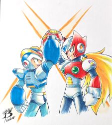 Rule 34 | 2boys, arm cannon, arm up, armor, blonde hair, blue eyes, blue headwear, character name, commentary request, first armor x (mega man), forehead jewel, green eyes, helmet, highres, long hair, mega man (series), mega man x1, mega man x (series), multiple boys, pn13ban, ponytail, red armor, red headwear, shoulder armor, simple background, weapon, white armor, white background, x (mega man), zero (mega man)