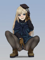 Rule 34 | 1girl, :d, ass, black headwear, black panties, blonde hair, blue capelet, blue jacket, brown footwear, brown gloves, brown pantyhose, capelet, fate (series), fur collar, gloves, gradient background, hand up, highres, jacket, long hair, lord el-melloi ii case files, lower teeth only, nomanota, open mouth, panties, panties under pantyhose, pantyhose, reines el-melloi archisorte, shiny skin, smile, solo, squatting, teeth, tongue, underwear, v