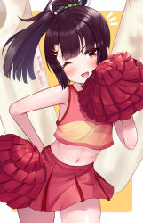 1girl ;d bare_arms bare_shoulders blunt_bangs blush brown_background brown_eyes brown_hair cheerleader chikuwa commentary_request crop_top food hair_ornament hairclip hand_up head_tilt highres long_hair midriff navel notice_lines one_eye_closed open_mouth pink_shirt pleated_skirt pom_pom_(cheerleading) ponytail red_skirt shirt skirt sleeveless sleeveless_shirt smile solo tenneko_yuuri touhoku_kiritan translation_request two-tone_background v-shaped_eyebrows voiceroid white_background