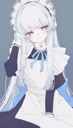 Rule 34 | 1girl, alternate costume, apron, black dress, blue archive, blush, closed mouth, dress, enmaided, frilled apron, frills, gradient background, grey hair, highres, hk nnm, long hair, long sleeves, looking at viewer, maid, maid apron, maid headdress, noa (blue archive), purple eyes, smile, solo, white apron