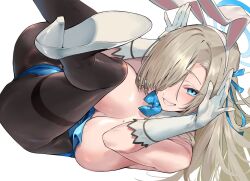 Rule 34 | 1girl, animal ears, asuna (blue archive), asuna (bunny) (blue archive), black pantyhose, blonde hair, blue archive, blue bow, blue bowtie, blue eyes, blue halo, blue leotard, blush, bow, bowtie, breasts, commentary, detached collar, fake animal ears, gloves, hair over one eye, halo, high heels, highres, large breasts, legs up, leotard, looking at viewer, lying, mole, mole on breast, nonco, official alternate costume, official alternate hairstyle, pantyhose, parted bangs, playboy bunny, rabbit pose, simple background, smile, solo, strapless, strapless leotard, white background, white footwear, white gloves