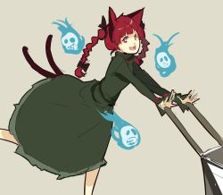 Rule 34 | 1girl, :d, animal ears, bow, braid, cat ears, cat tail, dress, eyebrows hidden by hair, green dress, highres, hitodama, kaenbyou rin, looking at viewer, multiple tails, muneneko, nekomata, open mouth, red eyes, red hair, running, skull, smile, solo, tail, touhou, twin braids, two tails, wheelbarrow