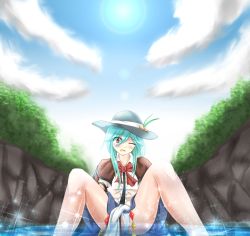 Rule 34 | 1girl, blue hair, blush, cloud, day, food, fruit, galland 73, hat, highres, hinanawi tenshi, one eye closed, open mouth, panties, pantyshot, partially submerged, peach, red eyes, sitting, skirt, sky, solo, spread legs, touhou, underwear, upskirt, water, white panties, wince