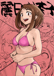 Rule 34 | &gt; &lt;, 1girl, :d, alternate costume, bare arms, bare shoulders, bikini, blush stickers, boku no hero academia, breasts, brown eyes, brown hair, cleavage, collarbone, cowboy shot, frown, highres, large breasts, multiple views, open mouth, own hands together, pink bikini, smile, stomach, swimsuit, teeth, translation request, upper teeth only, uraraka ochako, valtor, wavy mouth