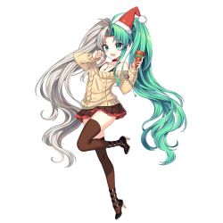 Rule 34 | 1girl, aran sweater, black footwear, brave sword x blaze soul, brown thighhighs, cable knit, choker, full body, green hair, hat, high heels, holding, jewelry, leg up, long hair, long sleeves, multicolored hair, nardack, necklace, official art, open mouth, party popper, pleated skirt, red choker, santa hat, simple background, skirt, solo, strappy heels, sweater, thighhighs, twintails, two-tone hair, very long hair, white background, white hair, zettai ryouiki