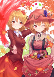 Rule 34 | 2girls, ;), aki minoriko, aki shizuha, apple, arm up, autumn leaves, beige shirt, black choker, blonde hair, blush, breasts, choker, commentary request, cowboy shot, dress, food, food-themed hair ornament, frills, fruit, grape hair ornament, grapes, hair between eyes, hair ornament, hat, highres, holding, holding paintbrush, juliet sleeves, lace-trimmed collar, lace trim, leaf, leaf hair ornament, long sleeves, looking at viewer, medium breasts, multiple girls, mushroom, nail polish, one eye closed, paintbrush, palette (object), persimmon, puffy sleeves, red eyes, red hat, red nails, red shirt, red skirt, ribbon choker, roke (taikodon), shirt, short hair, siblings, sisters, skirt, skirt hold, smile, standing, strapless, strapless dress, suspenders, sweet potato, tomato, touhou, white background