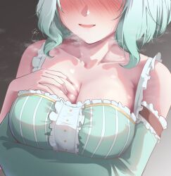 Rule 34 | 1girl, absurdres, aqua hair, blush, breasts, breath, cleavage, collarbone, detached sleeves, frills, grey background, grey hair, head out of frame, highres, indie virtual youtuber, large breasts, maid, mint fantome, multicolored hair, open mouth, parted lips, short hair, simple background, smile, solo, steaming body, syxh, upper body, virtual youtuber