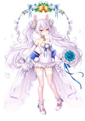 Rule 34 | 1girl, :o, animal ears, azur lane, back bow, bad id, bad pixiv id, bare shoulders, bell, blue bow, blue flower, blue rose, blush, bouquet, bow, breasts, collarbone, commentary request, detached sleeves, double bun, dress, feathered wings, flower, garter straps, gloves, hair between eyes, hair bun, hair flower, hair ornament, heart, high heels, holding, holding bouquet, laffey (azur lane), large bow, long hair, long sleeves, looking at viewer, medium breasts, parted lips, pink thighhighs, print thighhighs, rabbit ears, red eyes, rose, shoes, short dress, side bun, silver hair, simple background, solo, strapless, strapless dress, thighhighs, twintails, uchuu gorira, very long hair, white background, white dress, white flower, white footwear, white gloves, white wings, wings