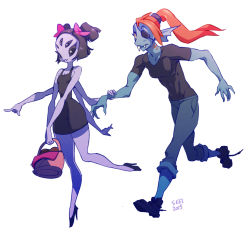 Rule 34 | 2girls, basket, blue skin, boots, breasts, colored skin, extra arms, extra eyes, eyepatch, fangs, fins, groundlion, head fins, high heels, muffet, multiple girls, purple skin, red hair, undertale, undyne