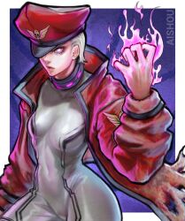 1girl absurdres ai_shou artist_name bodysuit border commentary english_commentary fire genderswap glowing glowing_eyes hat highres jacket m._bison one_eye_covered purple_fire red_jacket short_hair solo street_fighter white_border white_hair