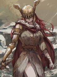Rule 34 | 1girl, bandaged arm, bandages, brown background, brown dress, cape, commentary, covered eyes, dress, elden ring, english commentary, fur-trimmed cape, fur trim, helmet, highres, long hair, malenia blade of miquella, parted lips, prosthesis, prosthetic arm, red cape, red hair, snoeflaefk, solo, teeth, visor (armor), winged helmet