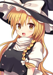 Rule 34 | 1girl, black hat, black vest, blonde hair, blush, bow, braid, commentary request, hair bow, hat, hat bow, hatsukaze33, kirisame marisa, long hair, looking at viewer, open mouth, shirt, short sleeves, simple background, single braid, smile, solo, touhou, turtleneck, upper body, vest, white background, white bow, white shirt, witch hat, yellow eyes