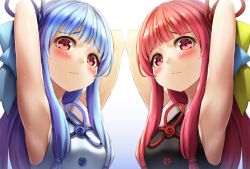 Rule 34 | 2girls, armpits, arms behind head, arms up, blue hair, blush, closed mouth, furrowed brow, gradient background, hair ornament, kotonoha akane, kotonoha aoi, kurione (zassou), long hair, looking at viewer, multiple girls, pink hair, red eyes, siblings, sidelocks, sisters, sleeveless, straight hair, sweat, symmetry, upper body, voiceroid