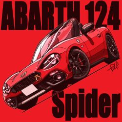 Rule 34 | abarth, car, convertible, fiat, fiat 124 spider, highres, motor vehicle, no humans, original, red background, red theme, signature, sports car, takedake (motion animator), vehicle focus, vehicle name
