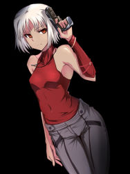 Rule 34 | 1girl, 428, bad id, bad pixiv id, bare shoulders, black background, canaan (character), canaan (series), chunsoft, gun, jewelry, necklace, pants, red eyes, short hair, simple background, sleeveless, sleeveless turtleneck, solo, turtleneck, ulrich (tagaragakuin), weapon, white hair