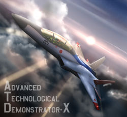 Rule 34 | aircraft, airplane, atd-x1 shinshin, cloud, dutch angle, english text, fighter jet, flying, helmet, japan, japanese flag, jet, military, military vehicle, oxygen mask, pilot, pilot suit, real life, realistic, solo, sun, vehicle focus, zephyr164