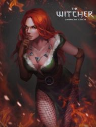 Rule 34 | 1girl, absurdres, dress, fire, fishnets, fur trim, gem, green eyes, highres, jewelry, long hair, necklace, red hair, renshena, solo focus, the witcher (series), triss merigold