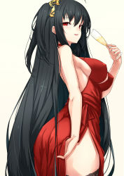 Rule 34 | 1girl, ahoge, alcohol, alternate costume, asya, azur lane, bare arms, bare shoulders, black hair, black thighhighs, blush, breasts, champagne, champagne flute, choker, cocktail dress, covered erect nipples, cup, dress, drinking glass, from side, hair between eyes, hair ornament, highres, holding, holding cup, lace, lace-trimmed legwear, lace trim, large breasts, long hair, looking at viewer, one side up, parted lips, red choker, red dress, red eyes, side slit, sidelocks, simple background, smile, solo, standing, taihou (azur lane), taihou (forbidden feast) (azur lane), thighhighs, thighs, very long hair, yellow background