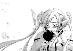 Rule 34 | 1girl, blush, candy apple, chain, collar, closed eyes, female focus, food, highres, long hair, monochrome, nymph (sora no otoshimono), solo, sora no otoshimono, tears, twintails, wallpaper, white background, wings