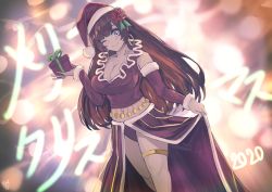 Rule 34 | 1girl, 2020, absurdres, adapted costume, blue eyes, blush, box, breasts, brown hair, christmas, cleavage, clothes lift, detached sleeves, earrings, fate/grand order, fate (series), flower, gift, gift box, hair flower, hair ornament, highres, hoop earrings, jewelry, large breasts, leotard, long hair, looking at viewer, mata hari (fate), one eye closed, ootato, santa costume, santa costume, skirt, skirt lift, smile, thighlet