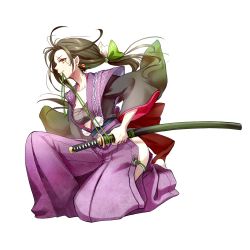 Rule 34 | 1girl, black hair, floating hair, full body, holding, holding sword, holding weapon, katana, long hair, long sleeves, mouth hold, official art, ponytail, scar, scar on face, simple background, solo, squatting, sword, weapon, white background, wide sleeves, yellow eyes, youkai hyakki-tan!