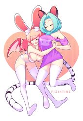 Rule 34 | 2girls, absurdres, animal ears, aqua hair, artist name, blush, bra, braid, breasts, cat ears, cat girl, cat tail, cleavage, closed eyes, closed mouth, commission, facing another, fizintine, highres, hug, large breasts, long hair, multiple girls, open mouth, original, parted bangs, pink hair, purple shirt, rabbit ears, rabbit girl, rabbit tail, shirt, short hair, simple background, single braid, smile, swept bangs, tail, teeth, thighhighs, underwear, upper teeth only, white bra, white legwear, yuri