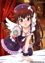 Rule 34 | 10s, 1girl, :o, alternate hairstyle, battle girl high school, bed, blush, brown hair, hat, himukai yuri, looking at viewer, nurse cap, official art, pantyhose, red eyes, solo, stethoscope
